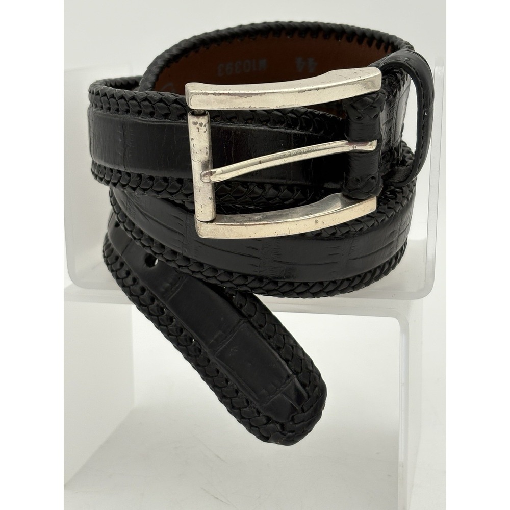 Brighton Men's 44 Black Embossed Leather Braided Trim Belt‎ Silver Buckle M10393